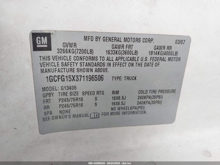 2007 Chevrolet Express Work Van VIN: 1GCFG15X371196506 Lot: 43269239