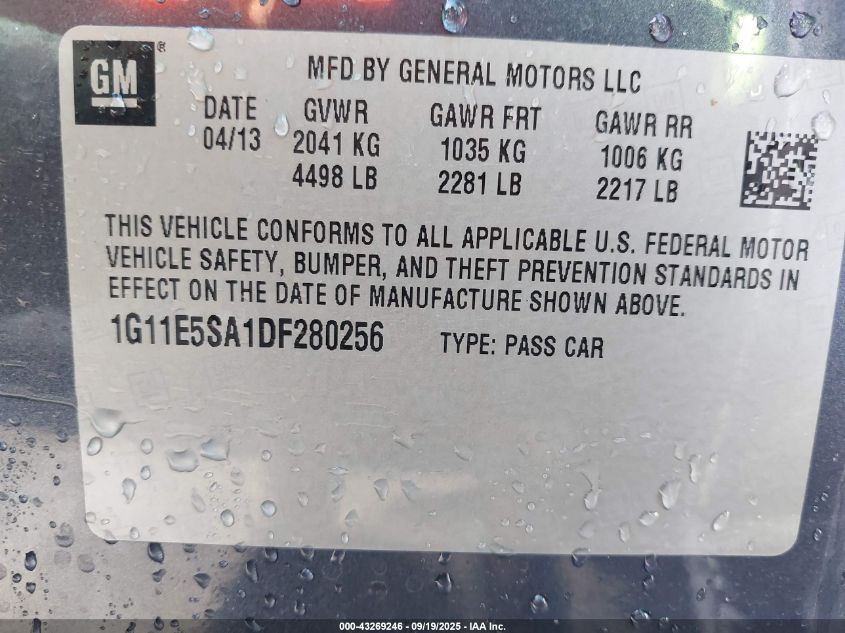 2013 Chevrolet Malibu 2Lt VIN: 1G11E5SA1DF280256 Lot: 43269246