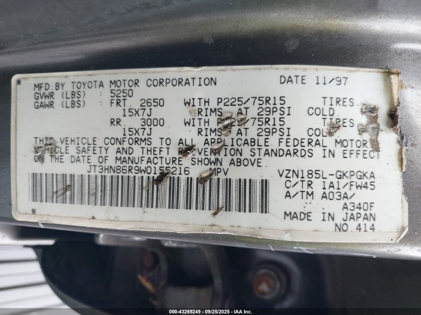 1998 Toyota 4Runner Sr5 V6 VIN: JT3HN86R9W0155216 Lot: 43269249
