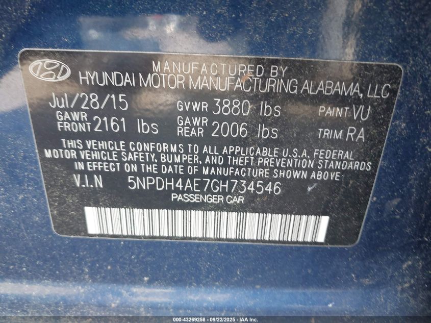 2016 Hyundai Elantra Se VIN: 5NPDH4AE7GH734546 Lot: 43269258