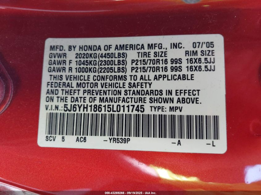 2005 Honda Element Ex VIN: 5J6YH18615L011745 Lot: 43269266