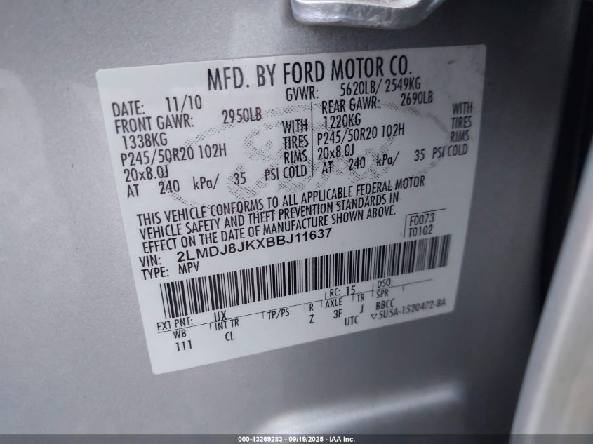 2011 Lincoln Mkx VIN: 2LMDJ8JKXBBJ11637 Lot: 43269283