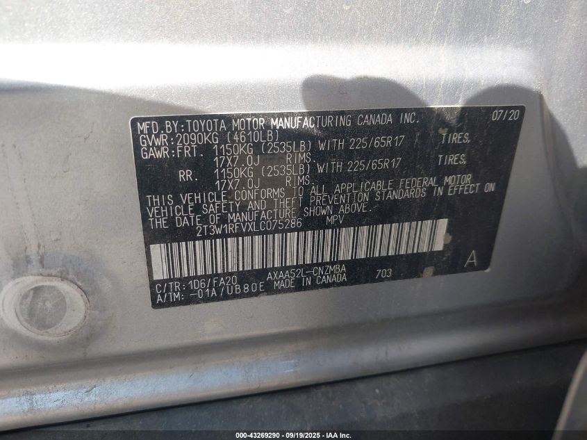 2020 Toyota Rav4 Xle VIN: 2T3W1RFVXLC075286 Lot: 43269290