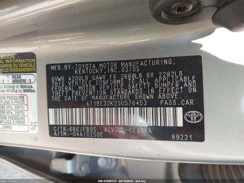2005 Toyota Camry Le VIN: 4T1BE32K25U576453 Lot: 43269315