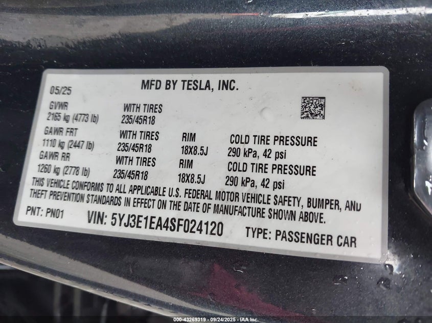2025 Tesla Model 3 Long Range Rear-Wheel Drive VIN: 5YJ3E1EA4SF024120 Lot: 43269319