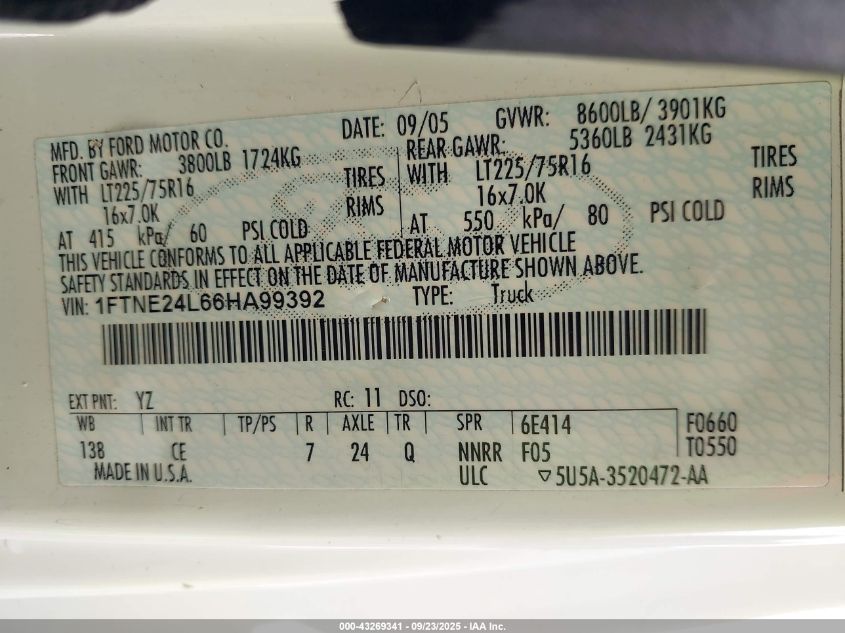 2006 Ford E-250 Commercial/Recreational VIN: 1FTNE24L66HA99392 Lot: 43269341