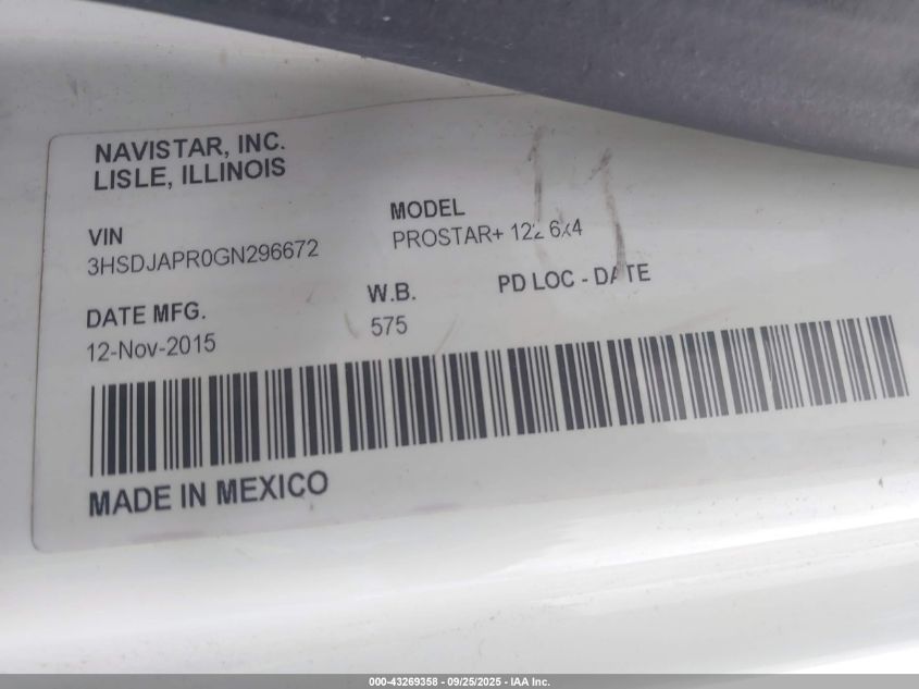 2016 International Prostar VIN: 3HSDJAPR0GN296672 Lot: 43269358