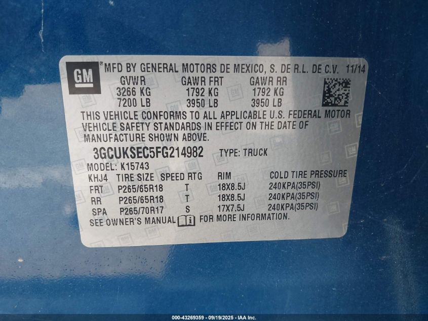 2015 Chevrolet Silverado 1500 2Lz VIN: 3GCUKSEC5FG214982 Lot: 43269359