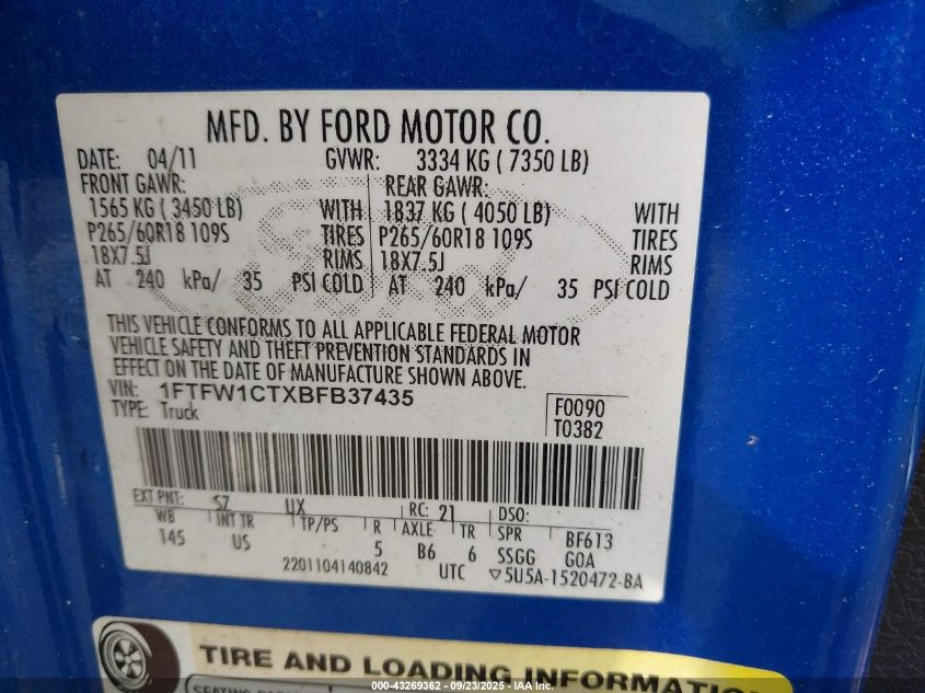 2011 Ford F-150 Xlt VIN: 1FTFW1CTXBFB37435 Lot: 43269362