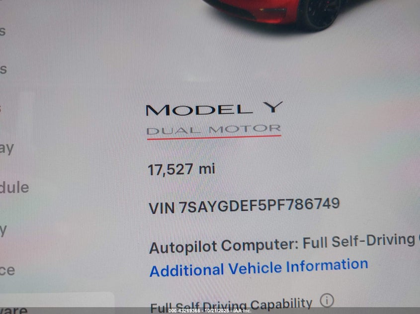 2023 Tesla Model Y Performance Dual Motor All-Wheel Drive VIN: 7SAYGDEF5PF786749 Lot: 43269366