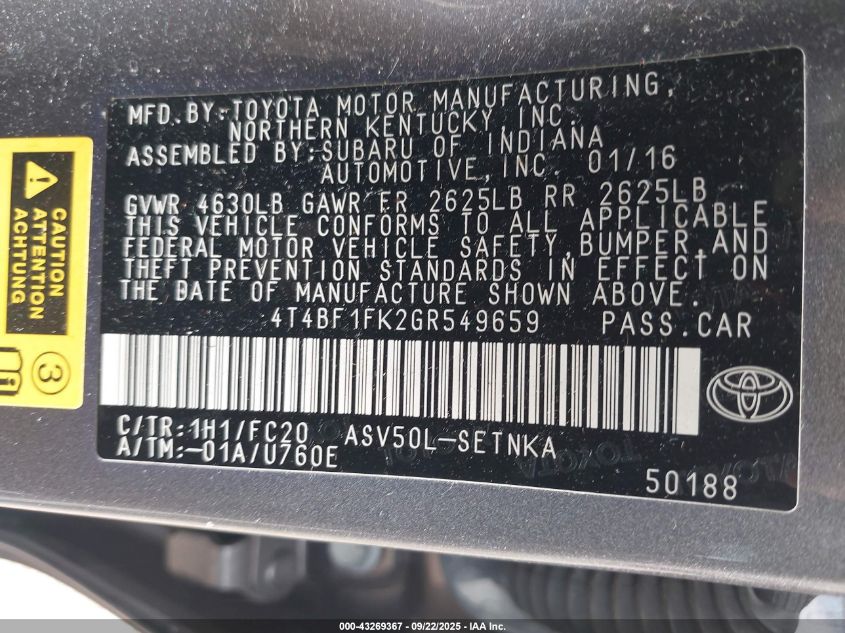 2016 Toyota Camry Le VIN: 4T4BF1FK2GR549659 Lot: 43269367