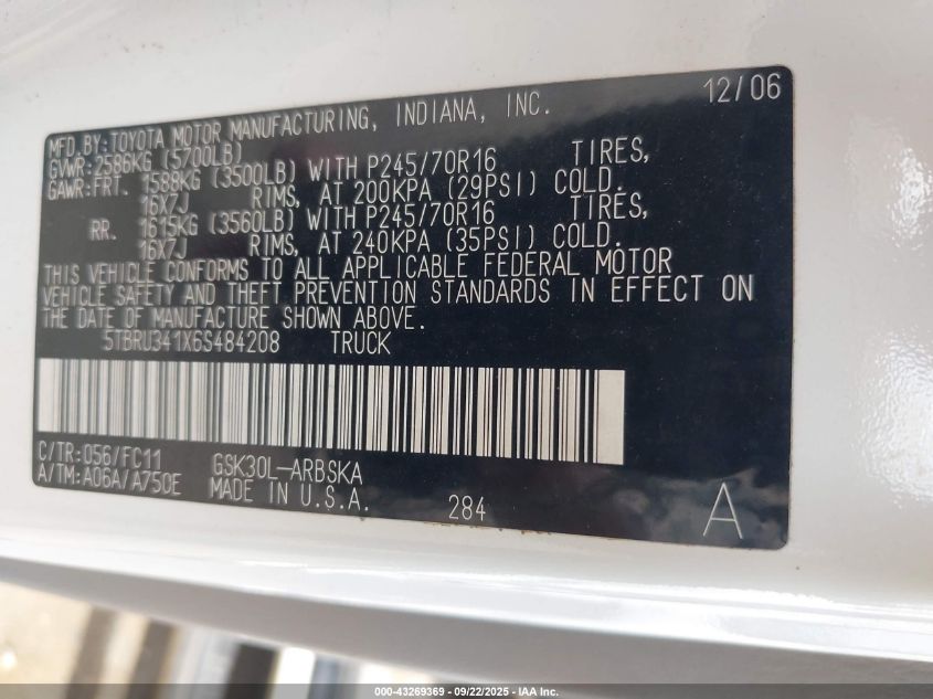 2006 Toyota Tundra Sr5 VIN: 5TBRU341X6S484208 Lot: 43269369