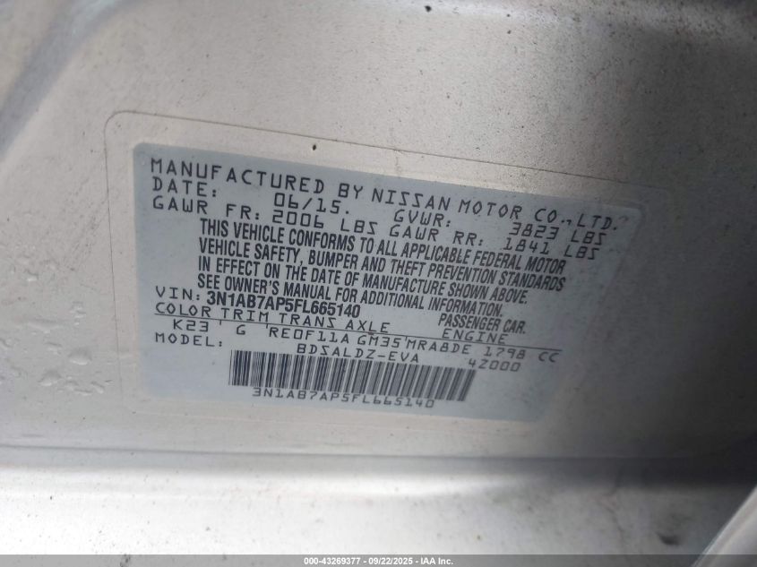 2015 Nissan Sentra Fe+ S/S/Sl/Sr/Sv VIN: 3N1AB7AP5FL665140 Lot: 43269377