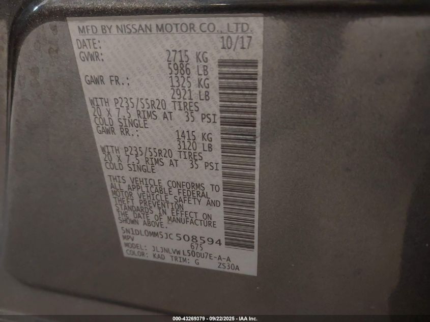 2018 Infiniti Qx60 VIN: 5N1DL0MM5JC508594 Lot: 43269379