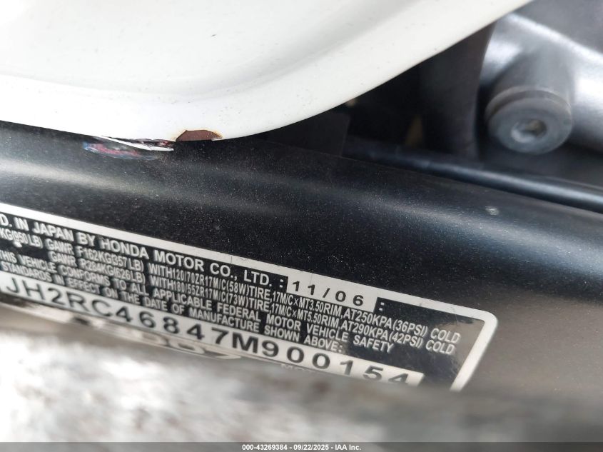 2007 Honda Vfr800 A VIN: JH2RC46847M900154 Lot: 43269384