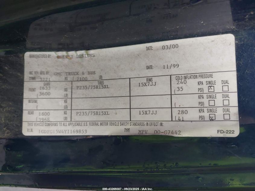 2000 GMC Savana Rv VIN: 1GDFG15W4Y1169853 Lot: 43269387