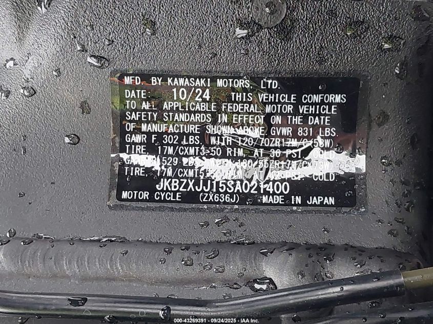 2025 Kawasaki Zx636 K VIN: JKBZXJJ15SA021400 Lot: 43269391