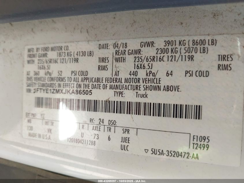 2018 Ford Transit-150 VIN: 1FTYE1ZMXJKA86505 Lot: 43269397