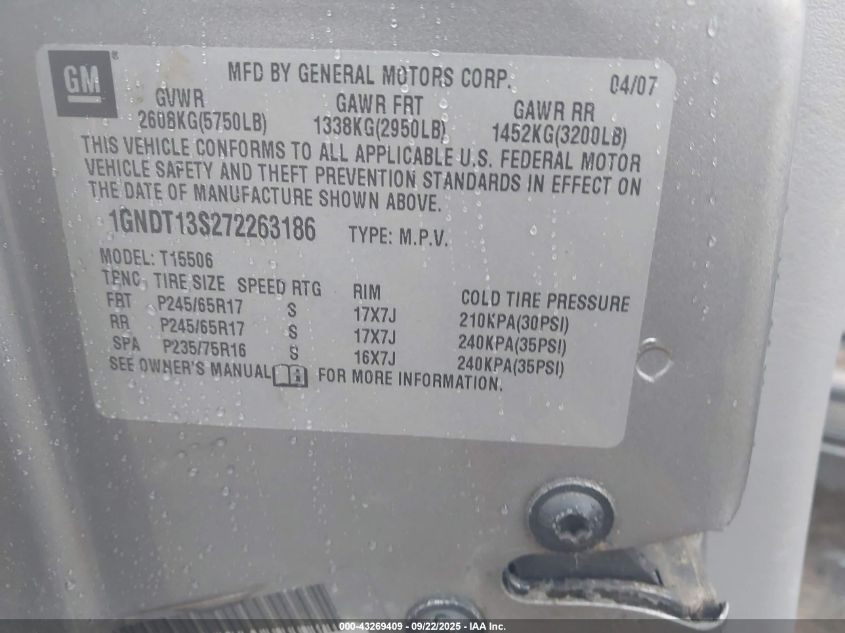 2007 Chevrolet Trailblazer Ls VIN: 1GNDT13S272263186 Lot: 43269409