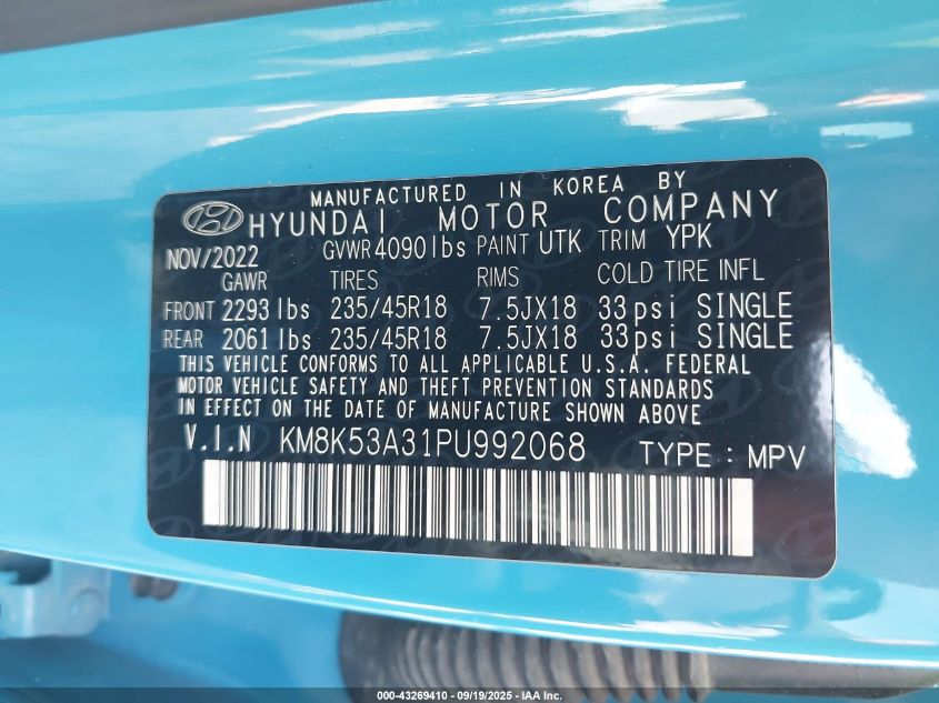 2023 Hyundai Kona Limited VIN: KM8K53A31PU992068 Lot: 43269410