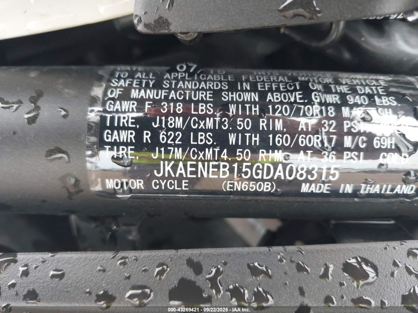 2016 Kawasaki En650 B VIN: JKAENEB15GDA08315 Lot: 43269421