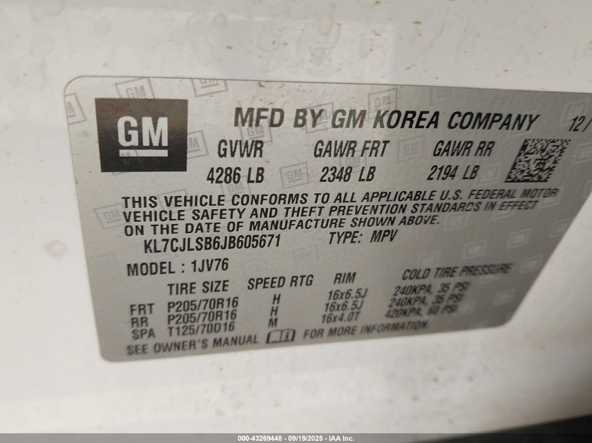 2018 Chevrolet Trax Lt VIN: KL7CJLSB6JB605671 Lot: 43269448