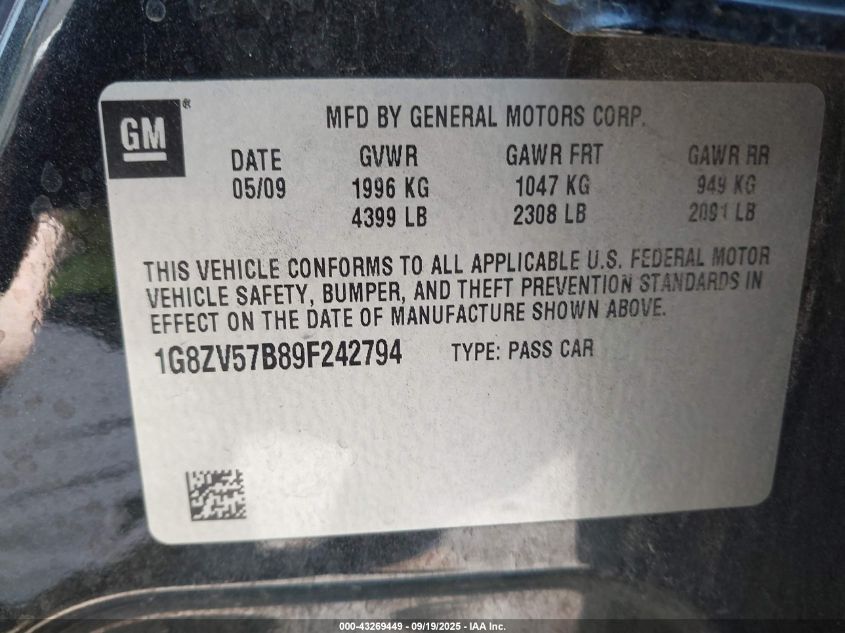 2009 Saturn Aura Xr VIN: 1G8ZV57B89F242794 Lot: 43269449