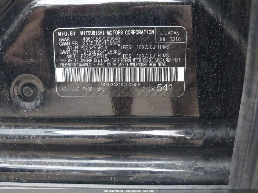 2019 Mitsubishi Outlander Se VIN: JA4AD3A31KZ007499 Lot: 43269450