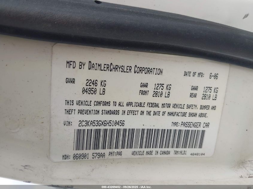 2006 Chrysler 300 Touring VIN: 2C3KA53GX6H510456 Lot: 43269452