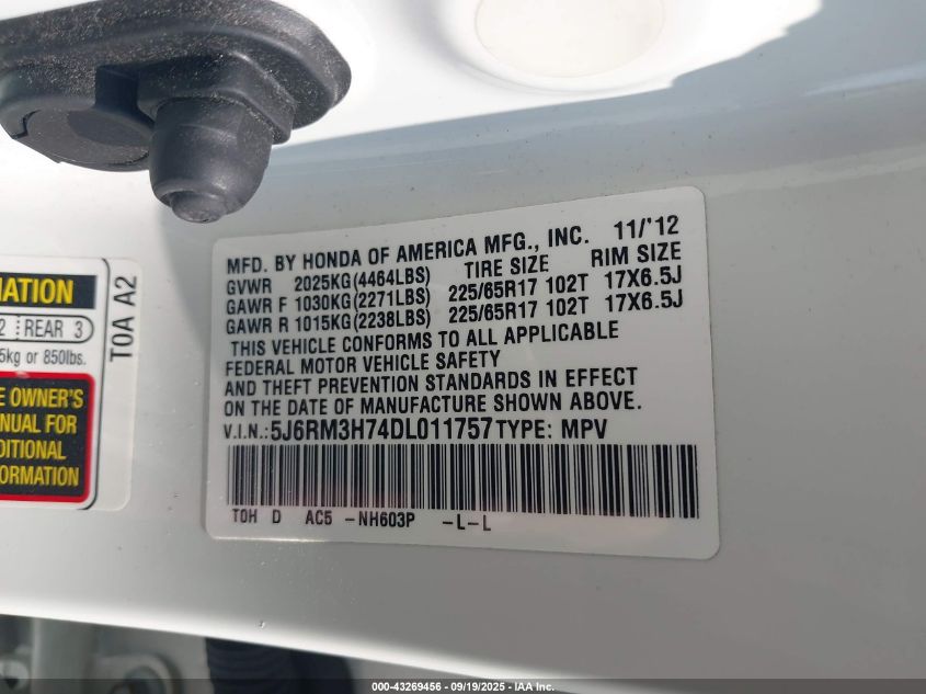 2013 Honda Cr-V Ex-L VIN: 5J6RM3H74DL011757 Lot: 43269456