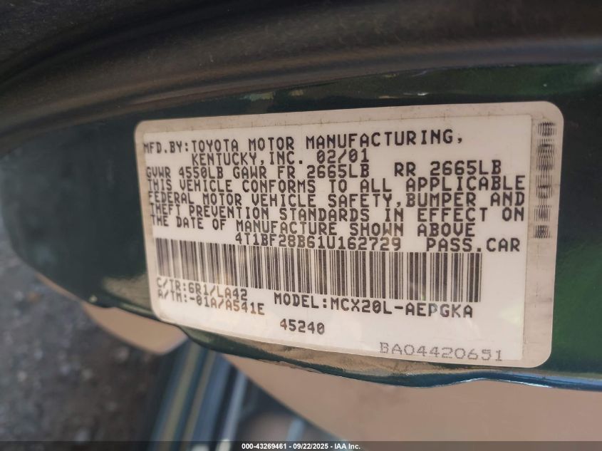 2001 Toyota Avalon Xls VIN: 4T1BF28B61U162729 Lot: 43269461