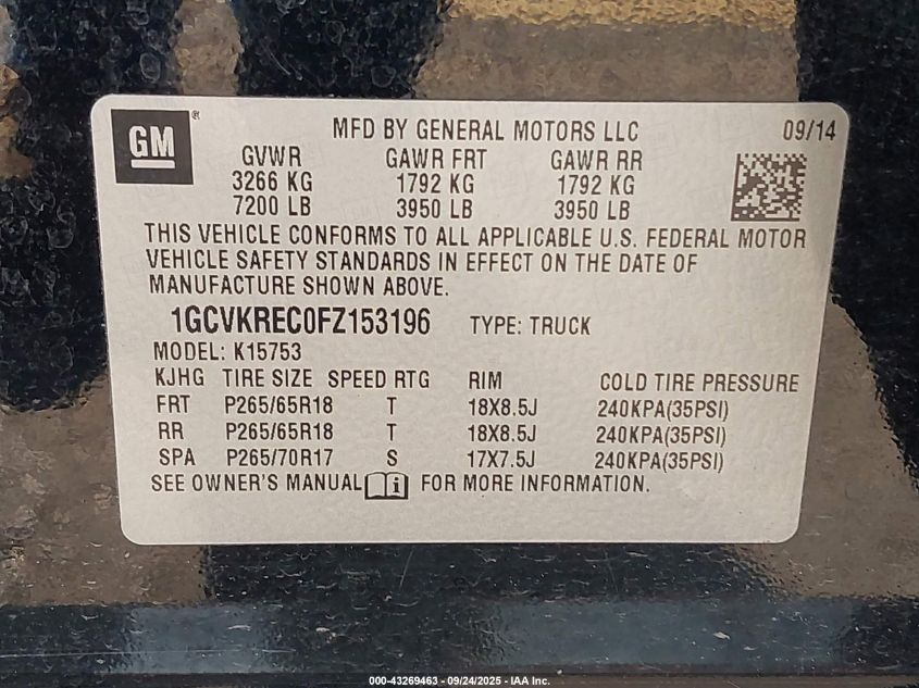 2015 Chevrolet Silverado 1500 2Lt VIN: 1GCVKREC0FZ153196 Lot: 43269463