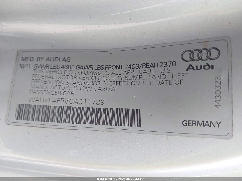 2012 Audi A5 2.0T Premium VIN: WAUVFAFR8CA011789 Lot: 43269470