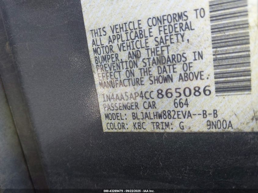 2012 Nissan Maxima 3.5 Sv VIN: 1N4AA5AP4CC865086 Lot: 43269479