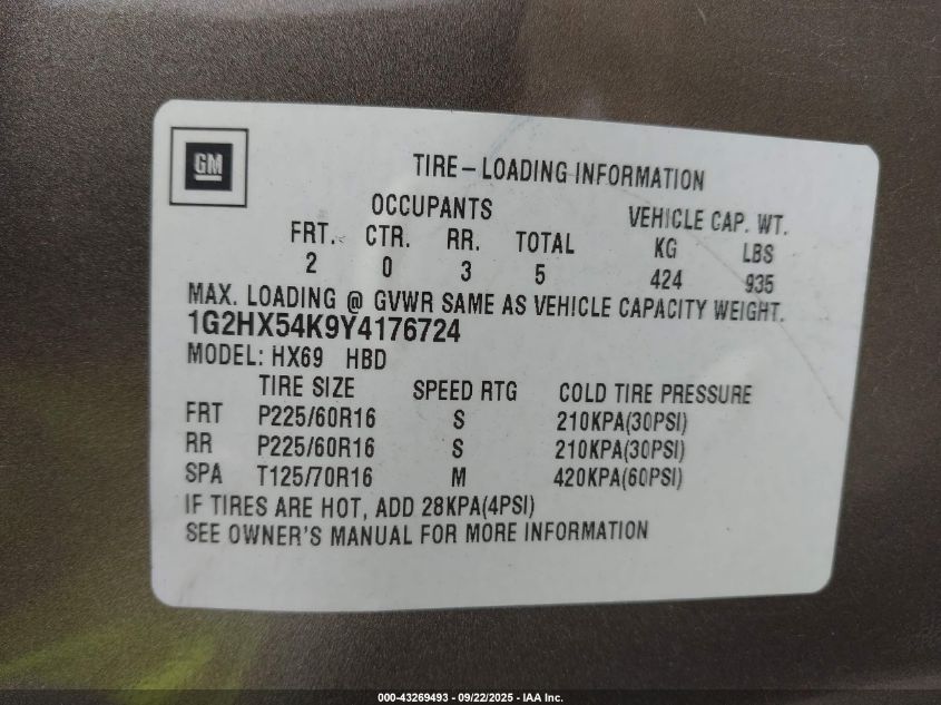 2000 Pontiac Bonneville Se VIN: 1G2HX54K9Y4176724 Lot: 43269493