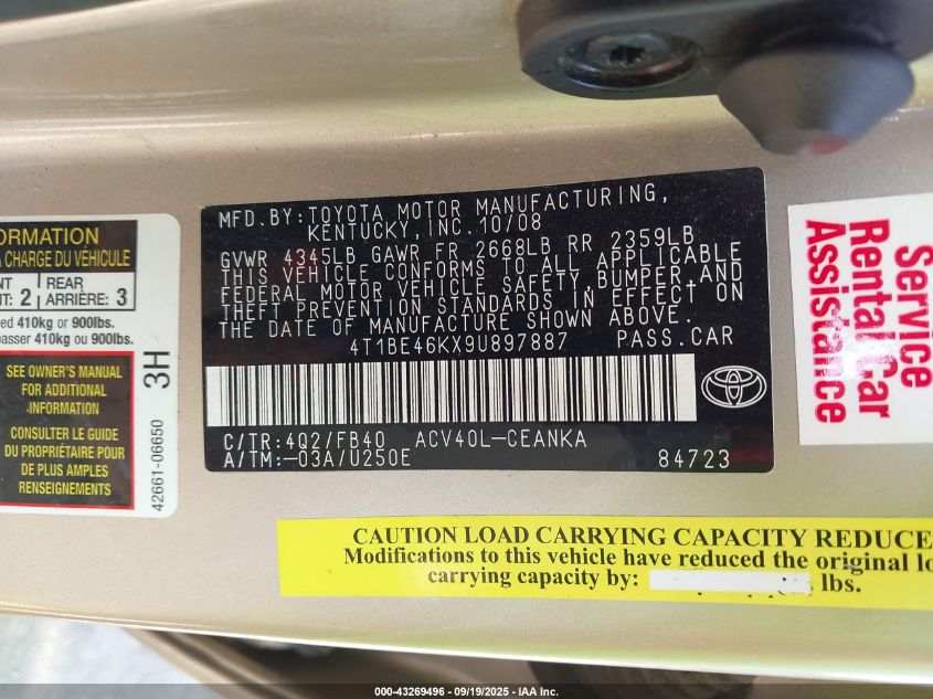 2009 Toyota Camry Le VIN: 4T1BE46KX9U897887 Lot: 43269496