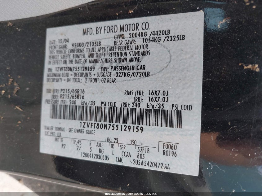 2005 Ford Mustang V6 Deluxe/V6 Premium VIN: 1ZVFT80N755129159 Lot: 43269505