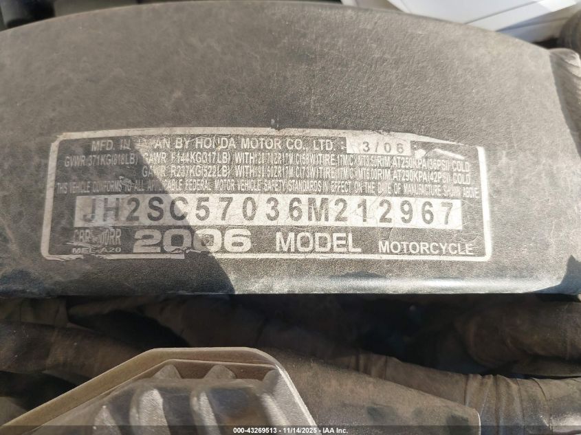 2006 Honda Cbr1000 Rr VIN: JH2SC57036M212967 Lot: 43269513