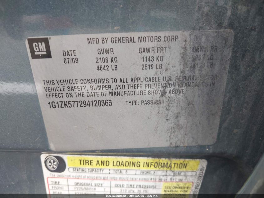 2009 Chevrolet Malibu Ltz VIN: 1G1ZK577294120365 Lot: 43269522