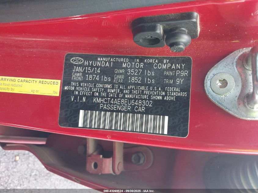2014 Hyundai Accent Gls VIN: KMHCT4AE8EU648302 Lot: 43269524