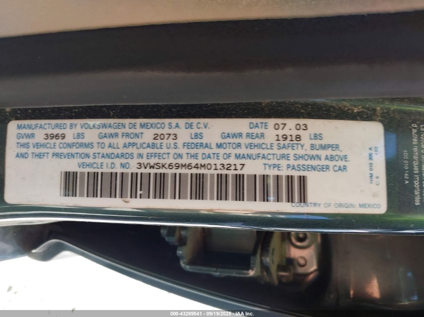 2004 Volkswagen Jetta Gls 2.0L VIN: 3VWSK69M64M013217 Lot: 43269541