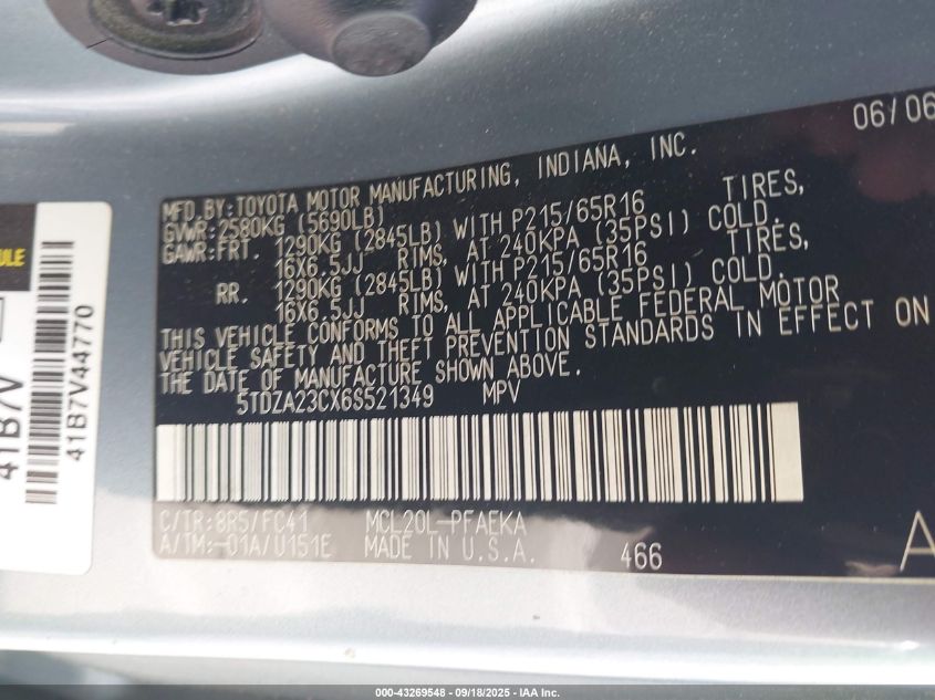 2006 Toyota Sienna Le VIN: 5TDZA23CX6S521349 Lot: 43269548