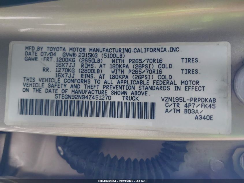 2004 Toyota Tacoma Prerunner V6 VIN: 5TEGN92N94Z451270 Lot: 43269554