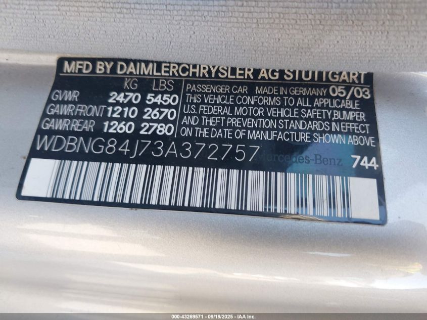 2003 Mercedes-Benz S 500 VIN: WDBNG84J73A372757 Lot: 43269571