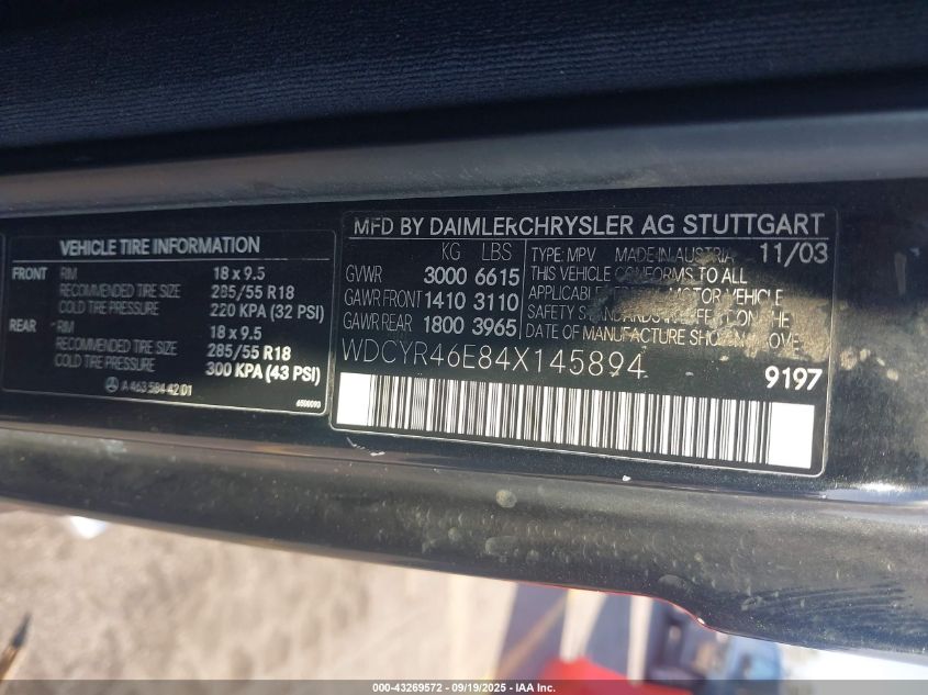 2004 Mercedes-Benz G 55 Amg 4Matic VIN: WDCYR46E84X145894 Lot: 43269572