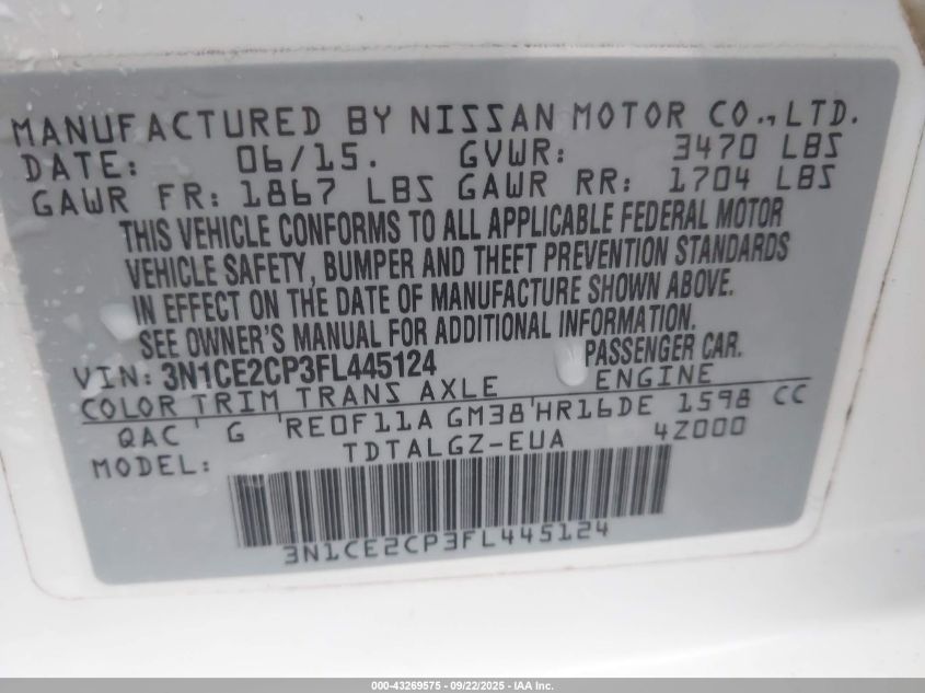 2015 Nissan Versa Note Sr VIN: 3N1CE2CP3FL445124 Lot: 43269575