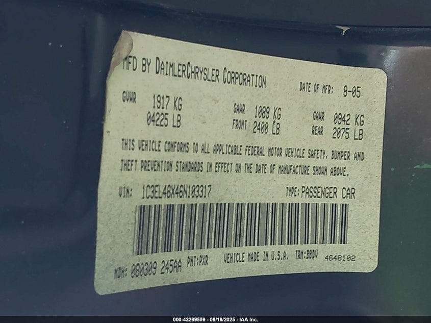 2006 Chrysler Sebring VIN: 1C3EL46X46N103317 Lot: 43269579