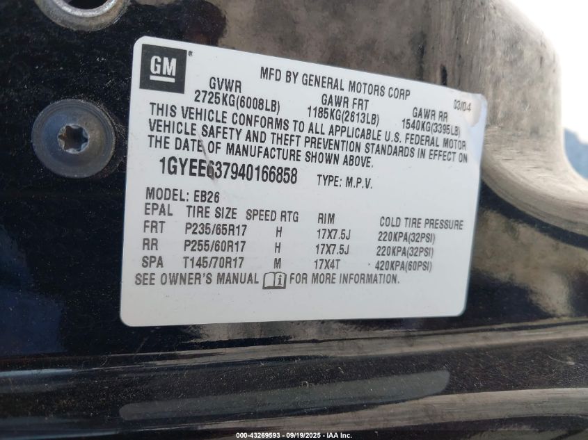 2004 Cadillac Srx Standard VIN: 1GYEE637940166858 Lot: 43269593