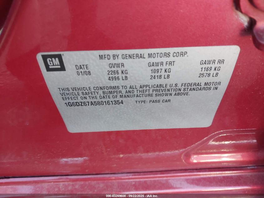 2008 Cadillac Sts V8 VIN: 1G6DZ67A580161354 Lot: 43269608