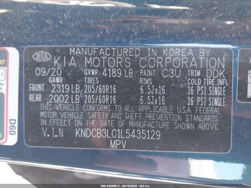 2020 Kia Niro Lxs VIN: KNDCB3LC1L5435129 Lot: 43269613